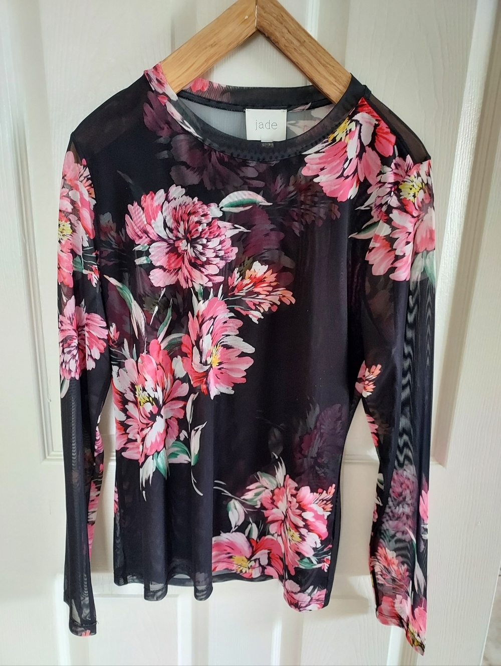 Johnny Was Jade Black Sheer Floral Mesh Blouse with Pink and Green Accents